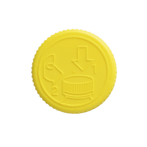 Detailaufnahme des gelben Verschlusses mit Entgasungsanleitung für Bayzid Chlor.