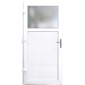 Weiße, nach außen öffnende Panto Nebeneingangstür mit Glaseinsatz und Links-Anschlag.