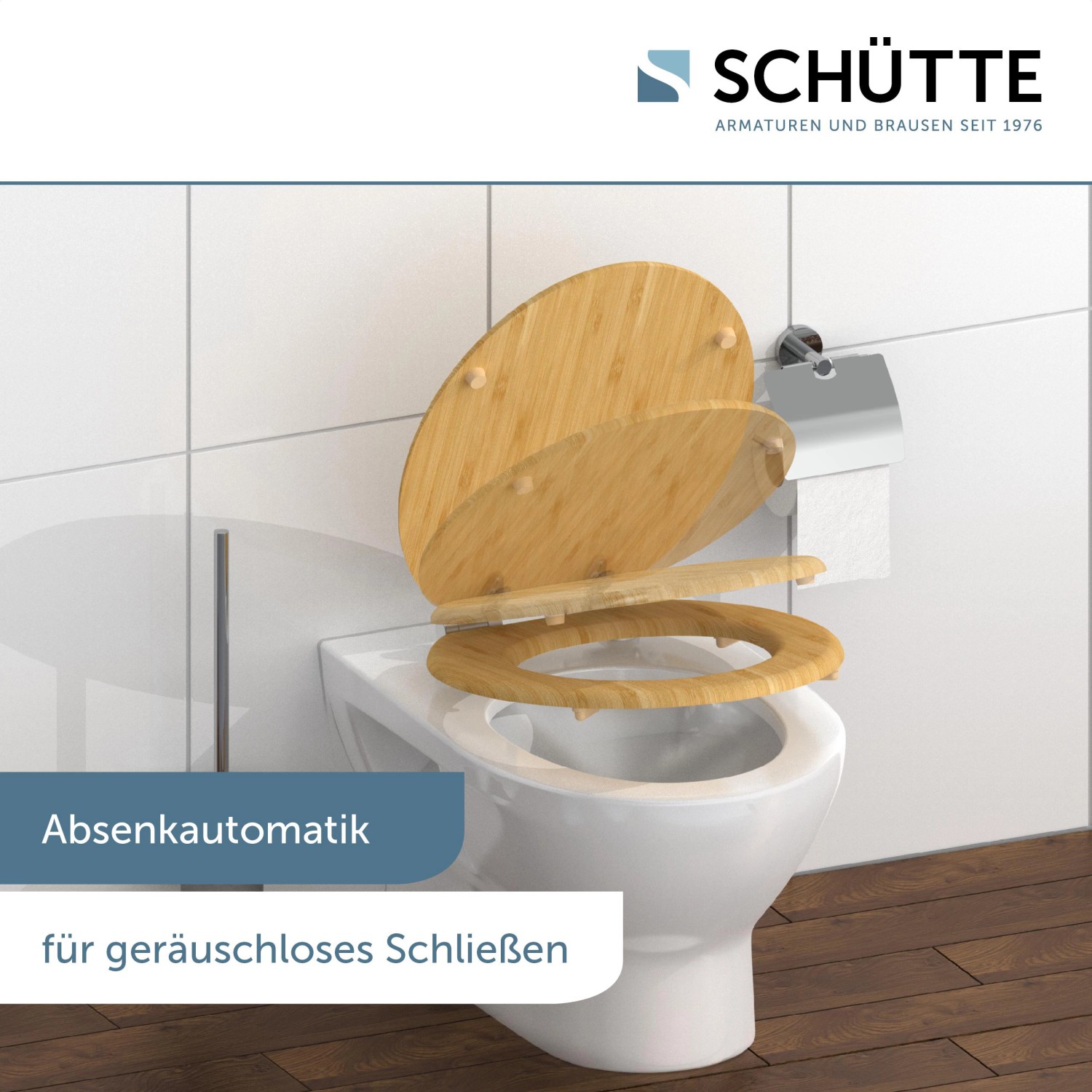 Schütte WC-Sitz Bambus mit Absenkautomatik auf einer Toilette.