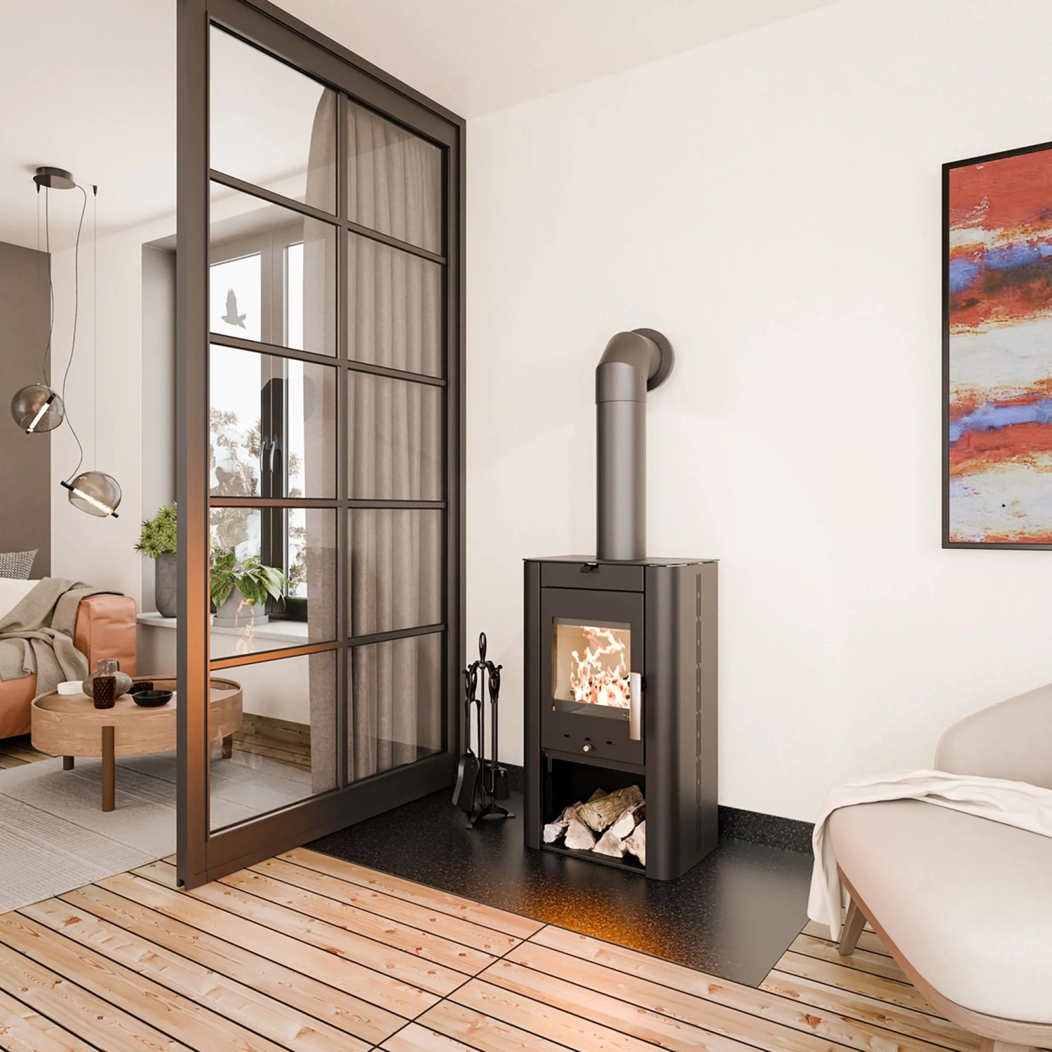 Schwarzer Haas+Sohn Kaminofen (6 kW) mit Holz im Wohnraum.