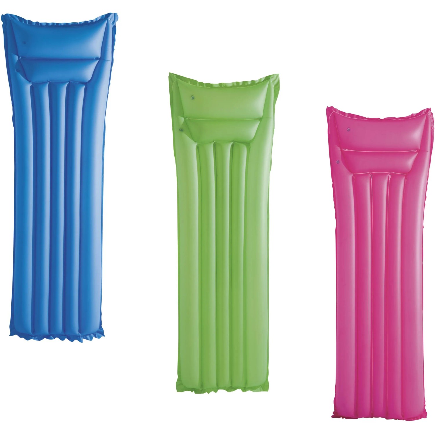 Bestway Luftmatratze in Blau, Grün und Pink mit Kopfkissen, ideal für den Sommer.