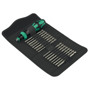 Wera Bit-Handhalter-Set, 17-teilig, mit Schraubendreher und Bits in einer schwarzen Falttasche.