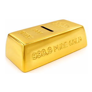 Dekohelden24 Sparfigur Sparburg Goldbarren Spardose Dekogldbarren mit Sparfunktion aus Keramik in Gold L/B/H 16 x 9 x 5 cm