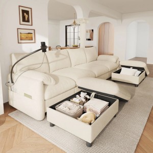 Beiges Merax Ecksofa aus Chenille, 6-Sitzer, modular, mit Stauraum-Hockern und Armlehne mit USB/Handyhalter im Wohnzimmer.