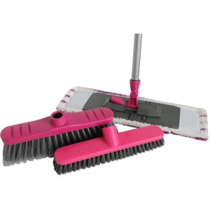 Bürstenmann Bodenreinigungsset, 4-teilig: Bodenwischer, Besen, Schrubber mit Stiel in verschiedenen Farben.