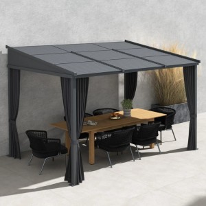 Dunkelgraue Outsunny Pergola Gazebo aus Aluminium mit Schiebedach und Vorhängen.