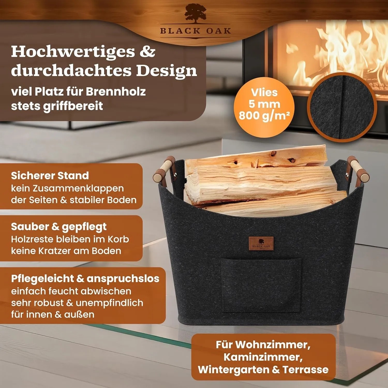 BLACK OAK Holzkorb MONTANA XL 60L Anthrazit aus Filz mit Echtleder Applikationen – Kaminholzkorb mit Griffen für Brennholz Innenbereich_6