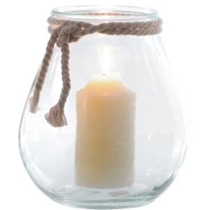 Klares, bauchiges Windlicht aus Glas (Ø 22 cm) mit Kordel und Kerze. Dekoration für Innen und Außen.
