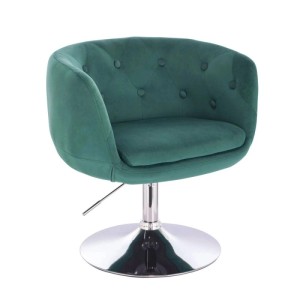 Dunkelgrüner Svita Panama Loungestuhl im Retro-Design mit Samtoptik, Knopfheftung und verchromtem Tellerfuß, höhenverstellbar.