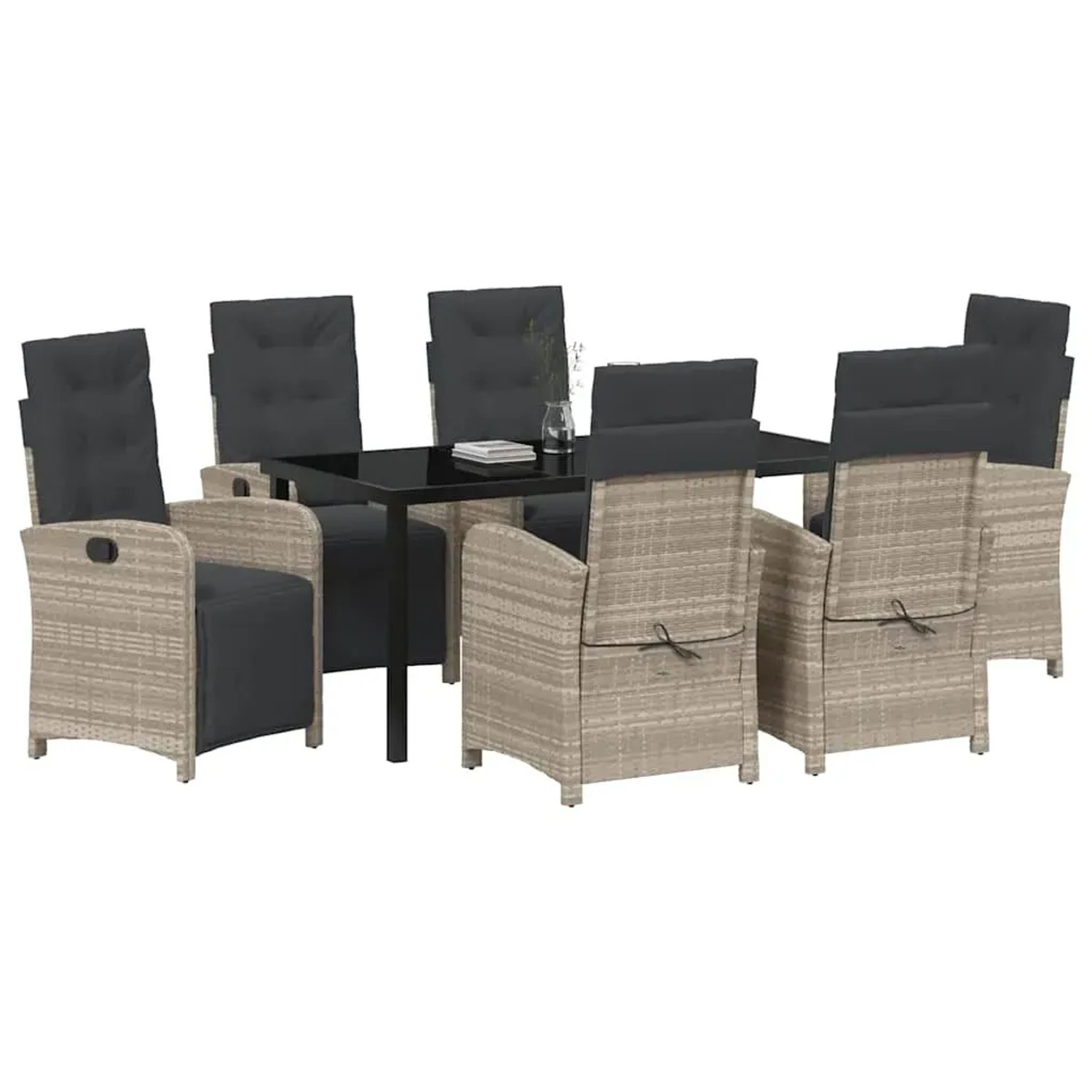 Hellgraue 7-teilige vidaXL Garten Essgruppe aus Poly Rattan mit Tisch und Stühlen.