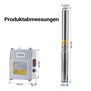 Wiltec Tiefbrunnenpumpe aus Edelstahl und Steuerkasten mit detaillierten Produktabmessungen. Zubehör für Wasserpumpe.