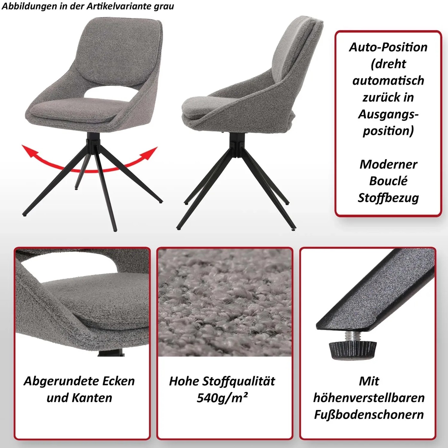6er-Set: Cremefarbener Esszimmerstuhl mit Bouclé-Bezug, drehbar und mit schwarzem Stativgestell.