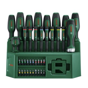 Bosch Schraubendreher-Set, 39-teilig, mit verschiedenen Schraubendrehern und Bits im grünen Aufbewahrungsständer.