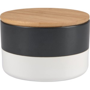 Schwarz-weiße Keramikdose (Ø 12,2 cm) mit Bambusdeckel im Minimalist Zen Stil.