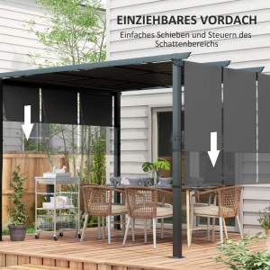 Dunkelgraue Furnicato Pergola mit einziehbarem Sonnenschutz und Befestigungsmaterial auf Terrasse.
