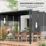 Dunkelgraue Furnicato Pergola mit einziehbarem Sonnenschutz und Befestigungsmaterial auf Terrasse.