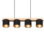 Moderne Reality Pendelleuchte Cameron, 4-flammig, mit Holz und schwarzen Stoffschirmen.