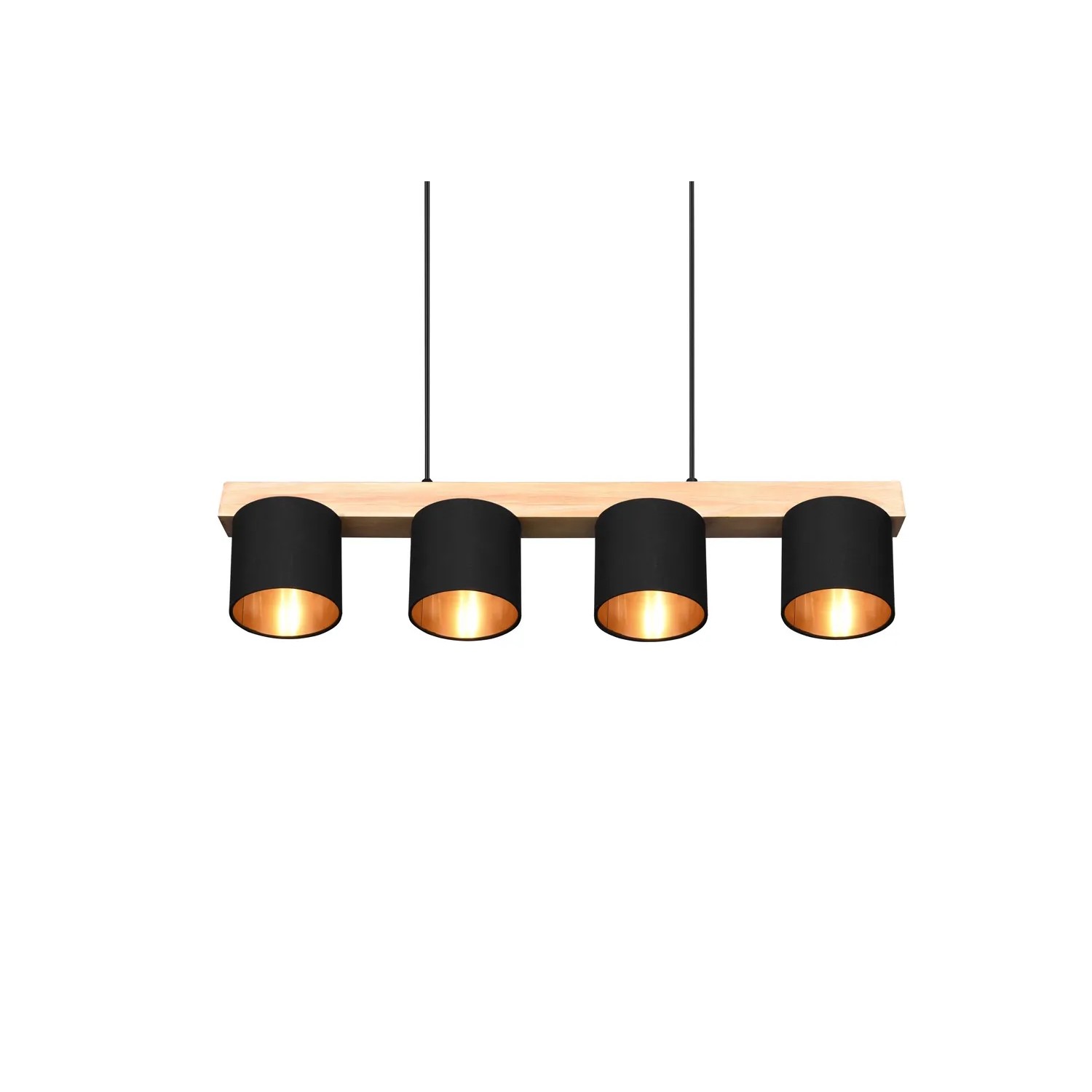 Moderne Reality Pendelleuchte Cameron, 4-flammig, mit Holz und schwarzen Stoffschirmen.