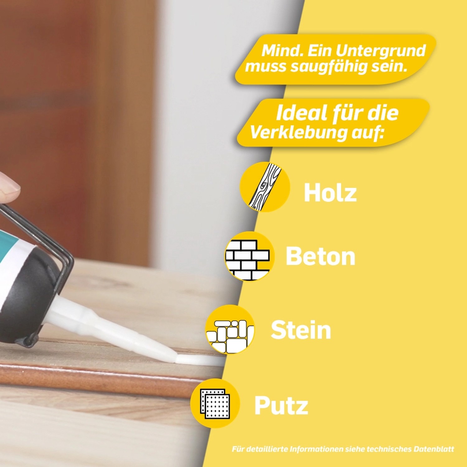 Pattex Montagekleber beim Verkleben von Holz. Ideal für Putz, Beton und Stein. Weißer Kleber aus der Kartusche.