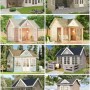 Verschiedene Alpholz Gartenhäuser Clockhouse-44 mit Satteldach in unterschiedlichen Farben und Designs.
