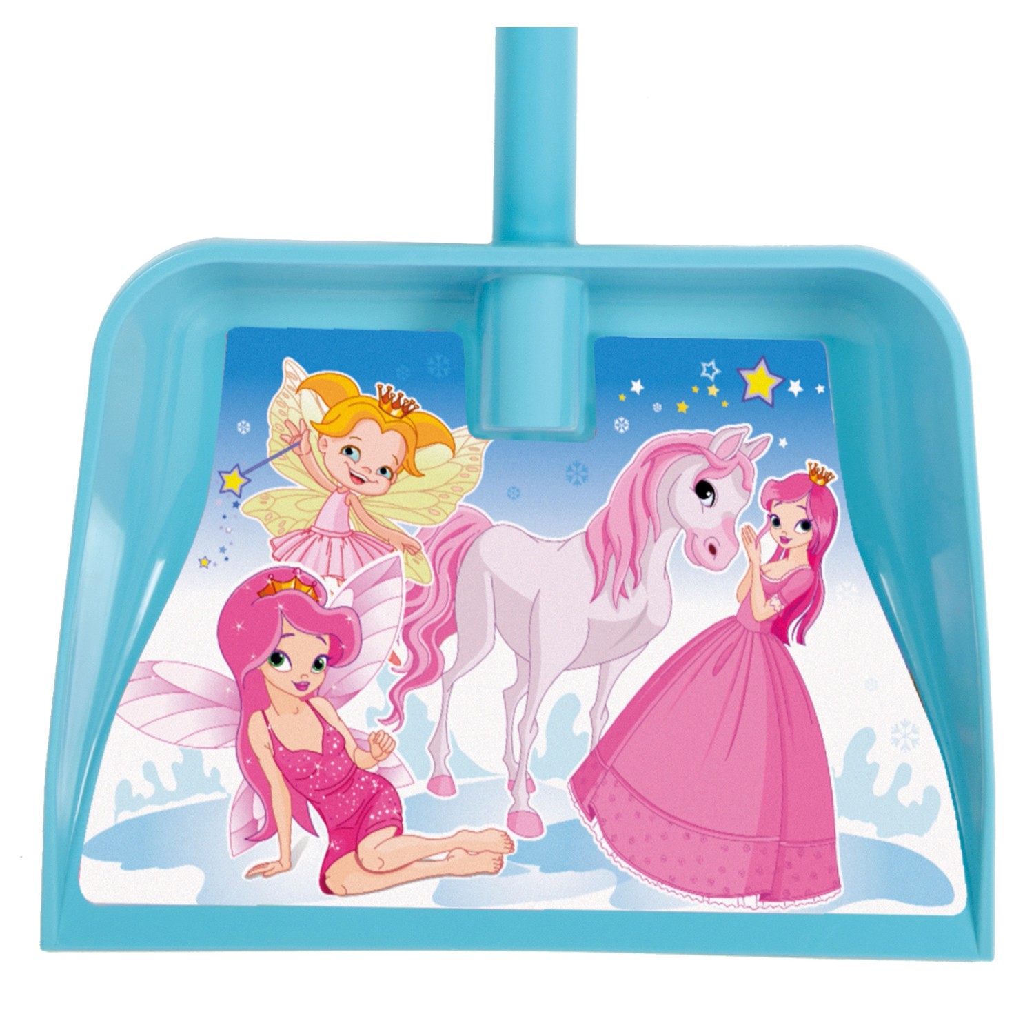 Blauer Kinder Schneeschieber mit Feen und Einhorn Motiv für Mädchen.