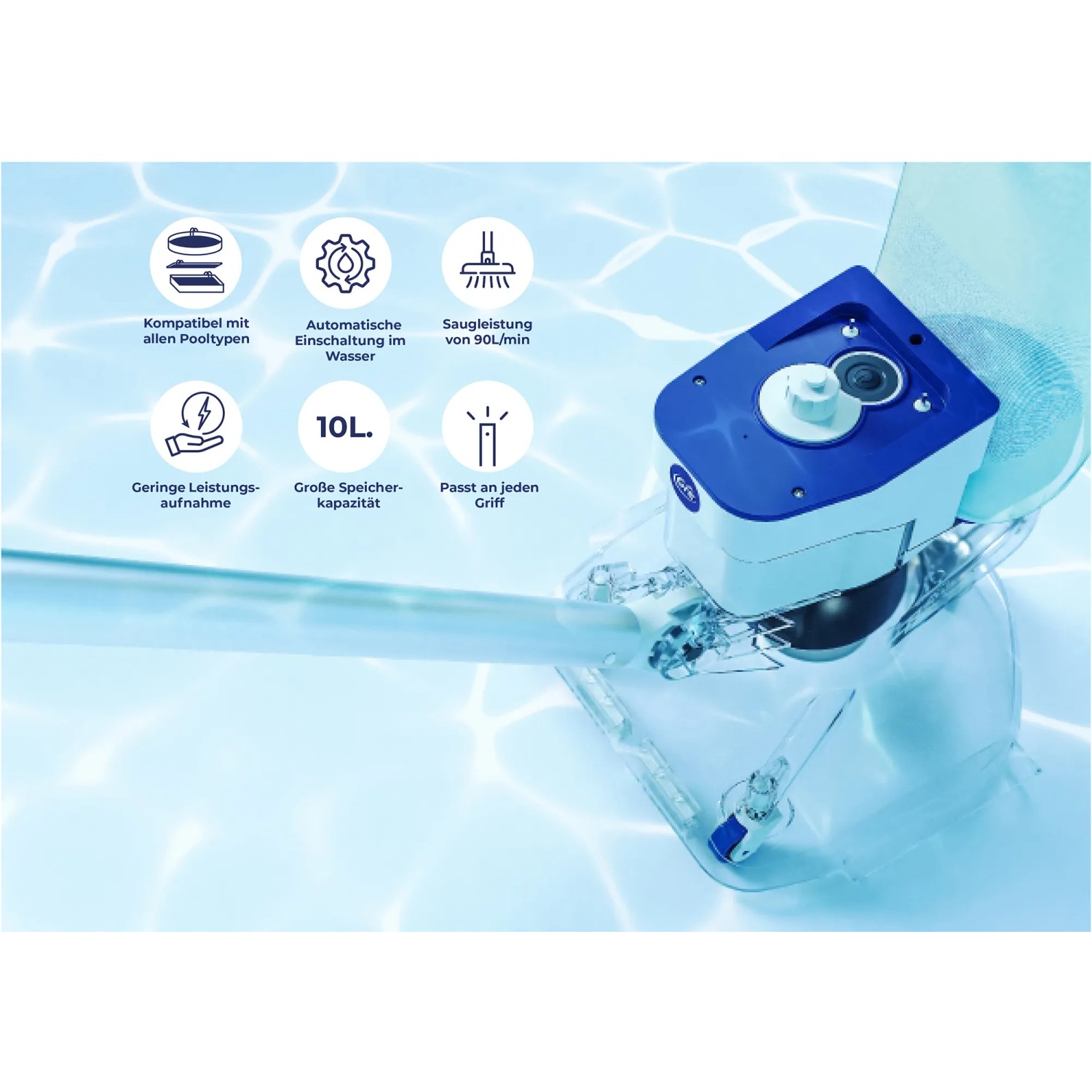 Weißer Gre Akku-Poolsauger 5.000 mAh zur Reinigung von Pools und Whirlpools.