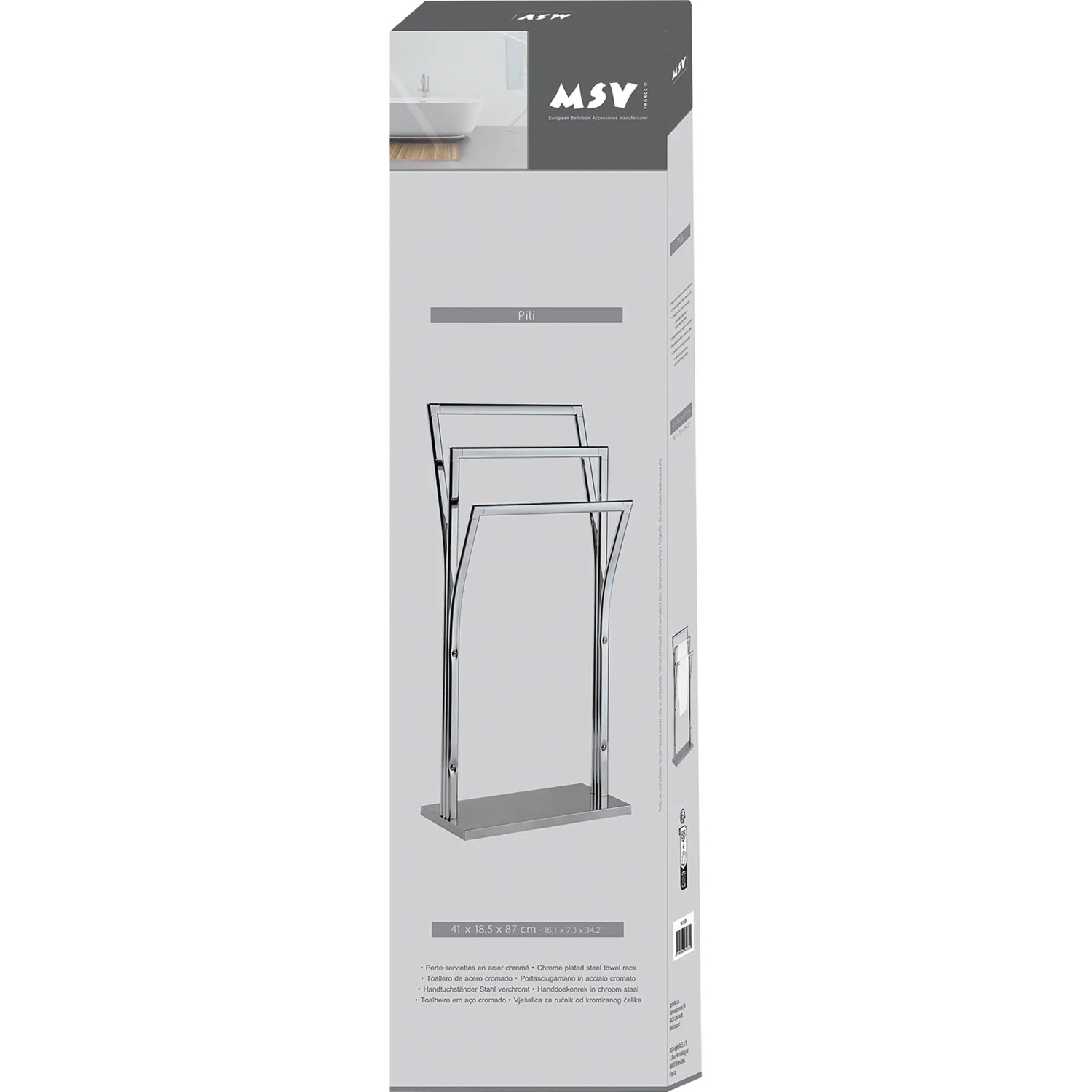 Verpackung des MSV Handtuchhalters Pili aus Stahl, verchromt, mit 3 Stangen, 41x18,5x87cm.