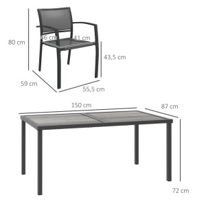 Outsunny Gartensitzgruppe: grauer rechteckiger Stahltisch (150x87x72 cm) und passender Mesh-Stuhl mit Maßen.