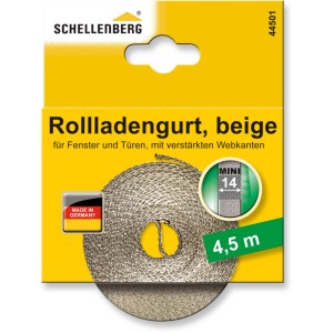 Schellenberg Rollladengurt Mini, 14 mm, 4,5 m, beige, auf gelber Verpackung.