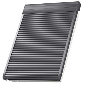 Velux Elektro-Rollladen SML CK02, Alu Dunkelgrau, für Dachfenster, geschlossen.