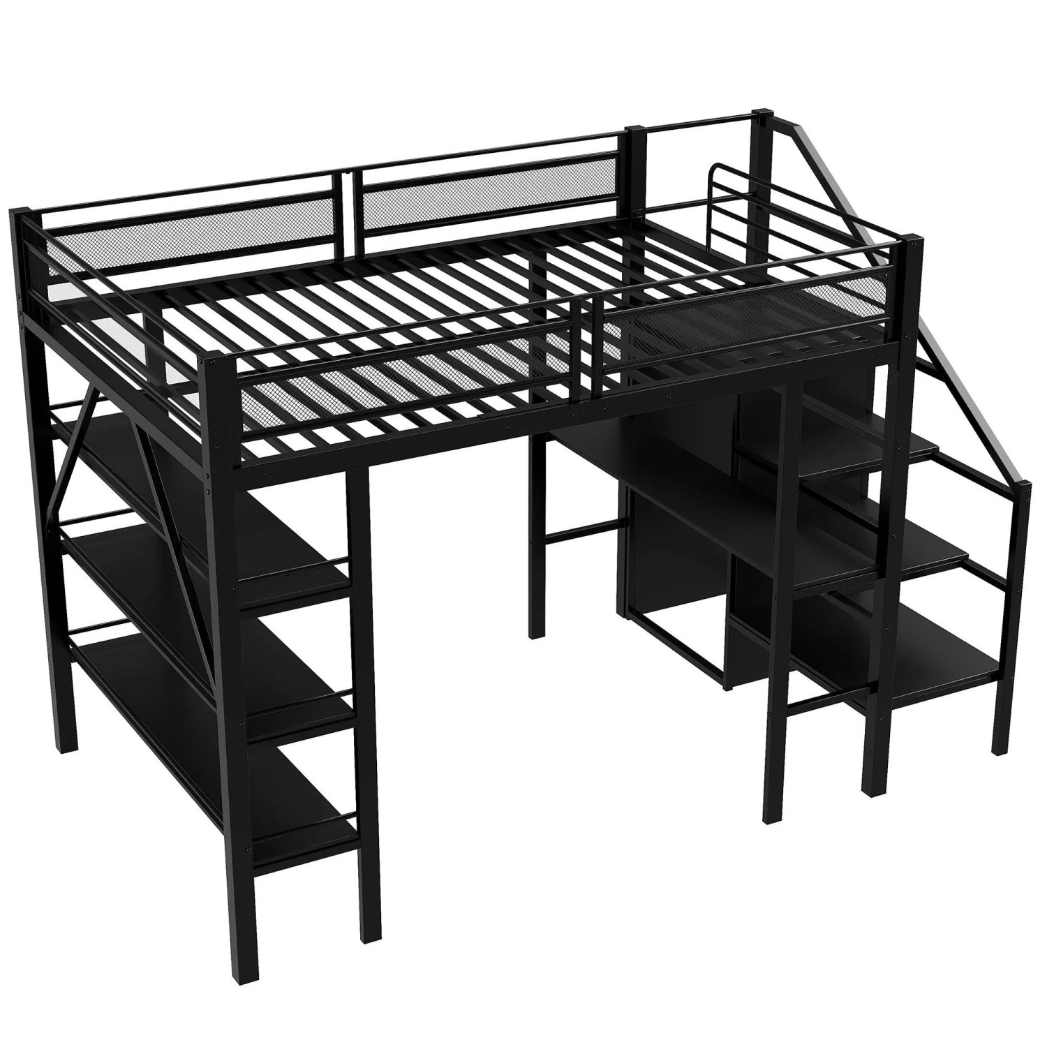 KOMHTOM Hochbett 140x200Cm Dreilagiges Ablageregal Schreibtisch Kleiderschrank Mit Stufen Ablagefach Zaundesign Eisenbett Einzelbett Schwarz
