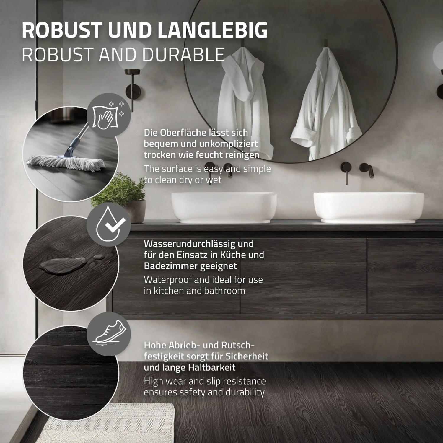 ML-Design Vinylboden Eiche Dunkelgrau im Bad: Selbstklebender PVC Bodenbelag, wasserfest und pflegeleicht.