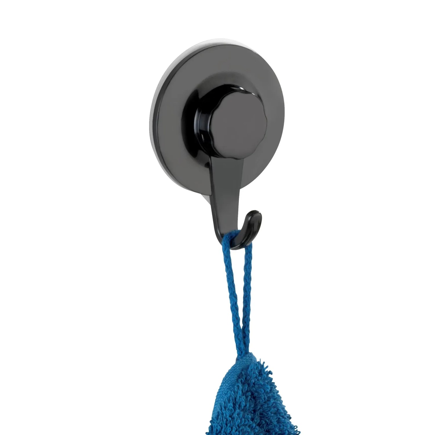 Schwarzer Wenko Ultra-Loc Wandhaken Valenza mit blauem Handtuch, Küchenhelfer zur einfachen Montage ohne Bohren.