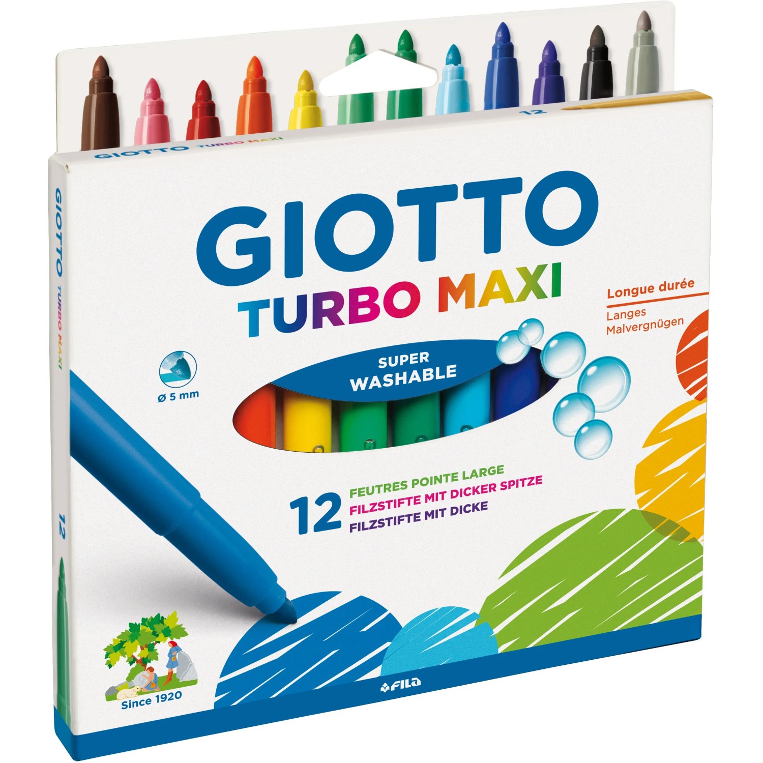 Giotto Turbo Maxi Fasermaler, 12 Stifte in verschiedenen Farben mit dicker Spitze.