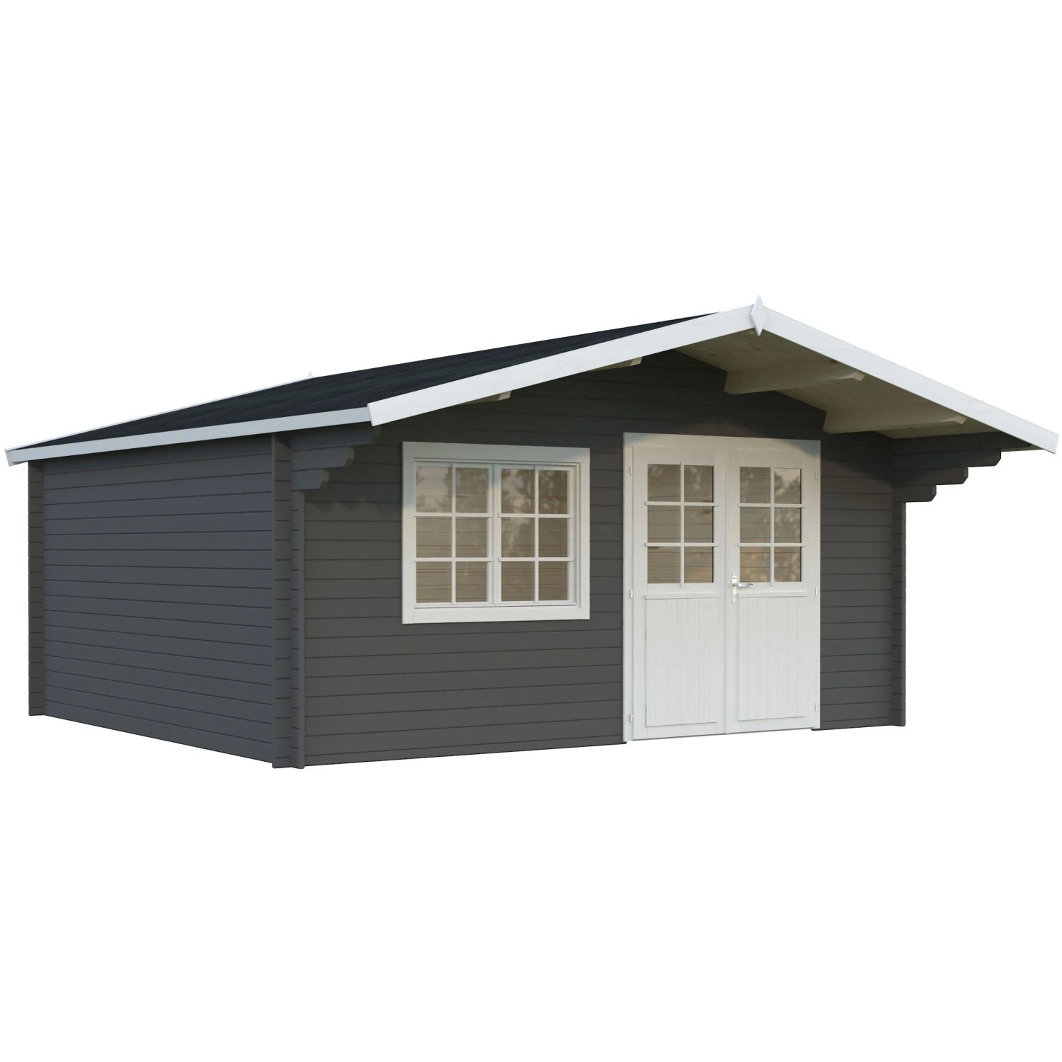 Palmako Gartenhaus Britta, 480x425 cm, dunkelgrau-weiß, mit Fenster und Doppeltür.
