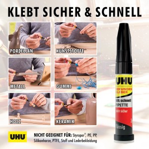 Uhu Sekundenkleber Blitzschnell Pipette 3g für präzises Kleben verschiedener Materialien.