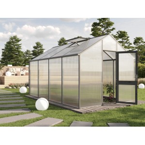 KGT Gewächshaus, anthrazitgrau, 12,74 m², mit geöffneter Tür und Dachfenster im Garten.