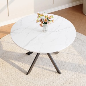Runder Esstisch mit weißer MDF-Marmorplatte und schwarzem X-Metallgestell. Perfekt für Küche und Wohnzimmer.