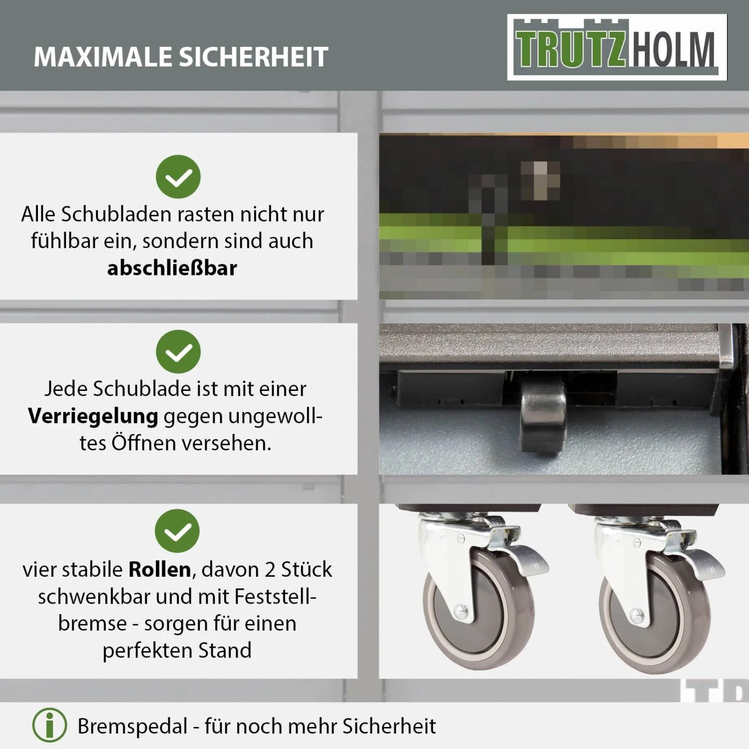Details des TRUTZHOLM Werkstattwagens: Schubladenverriegelung, Rollen mit Feststellbremse für hohe Sicherheit.