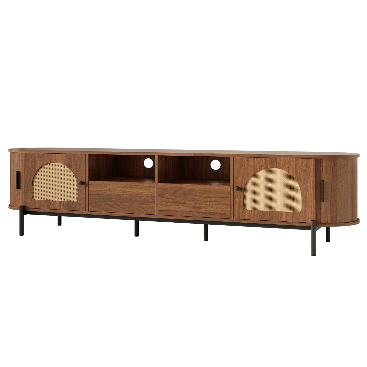 okwish TV Schrank Oval Rattan Schiebetür Schubladen Metallbeine Stauraum 200x40x49.5cm Braun