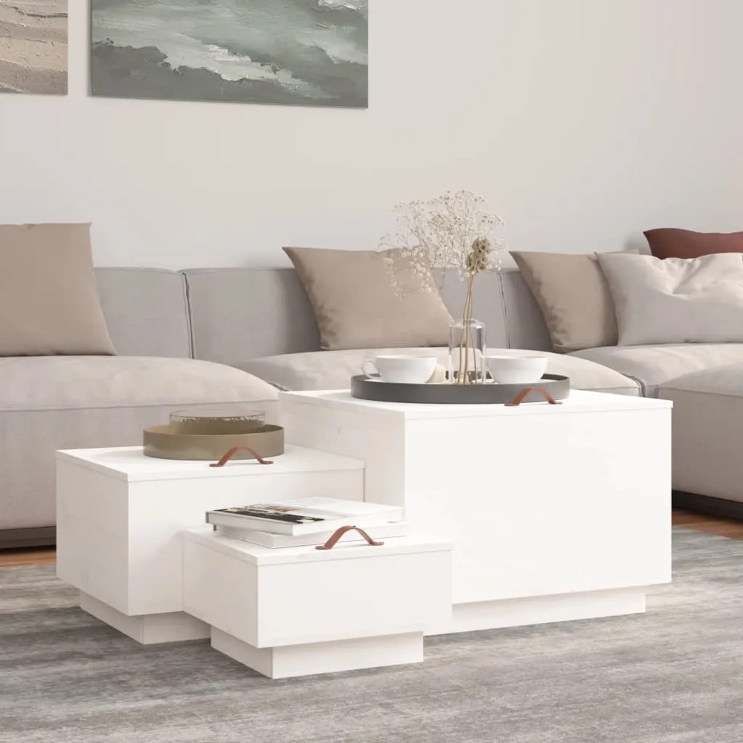 vidaXL Aufbewahrungsboxen 3er Set, weißes Kiefernholz, als Couchtisch arrangiert.