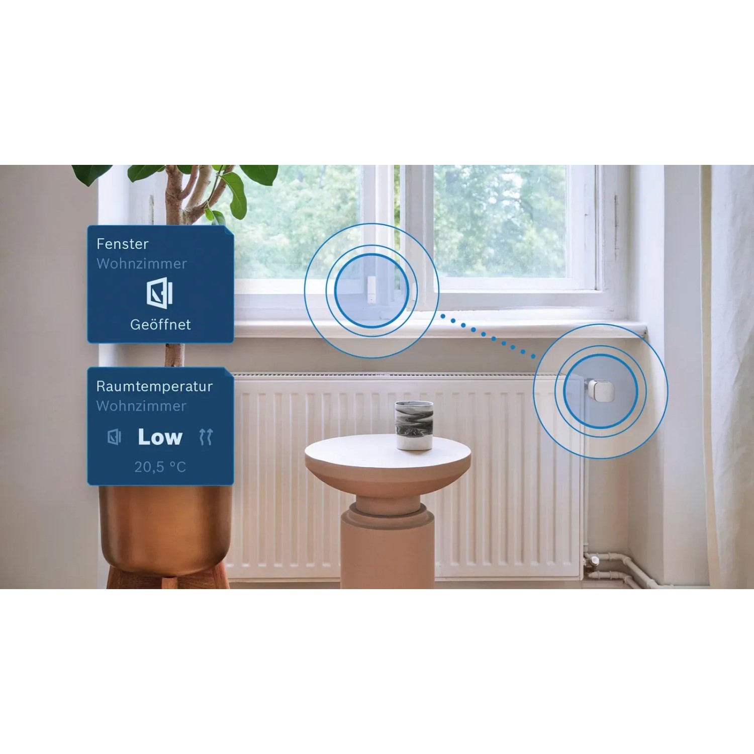 Bosch Smart Home Heizkörper-Thermostat II [+M] im Wohnraum mit geöffnetem Fenster.