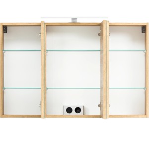 Held Möbel 3D-Spiegelschrank Trient, 100 cm, Wotaneiche, mit Glasböden und Aufsatzleuchte.
