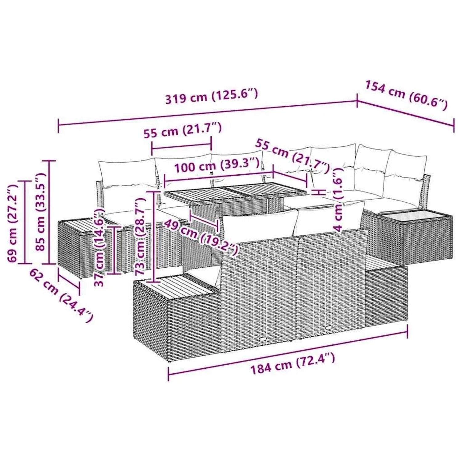 vidaXL Garten Essgruppe 9-tlg, grau/braun Poly-Rattan mit Kissen. Modulares Essset mit Maßangaben.