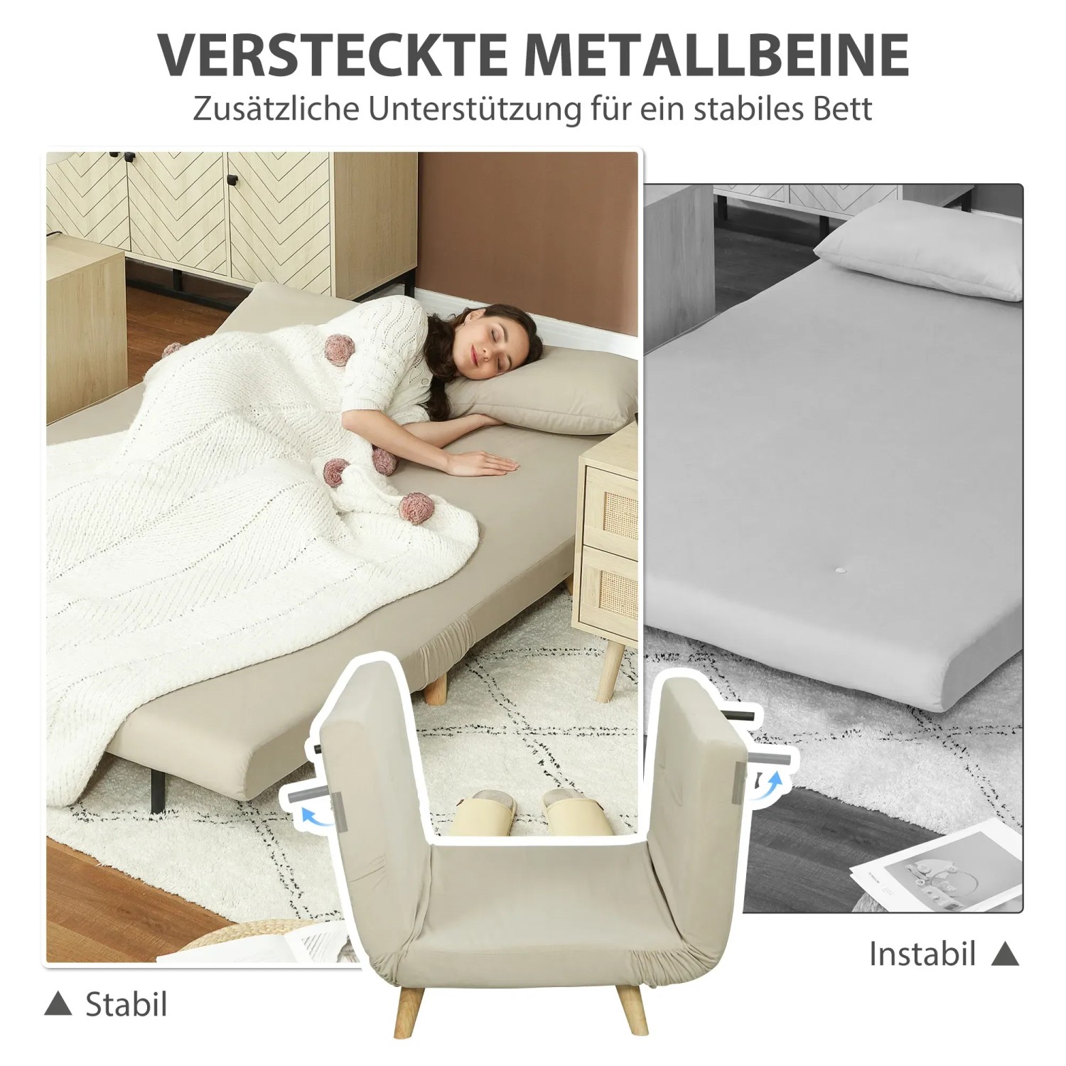 Beiges HOMCOM 3-in-1 Schlafsofa als Sofa und Bett mit schlafender Person und Detailansicht der Metallbeine.