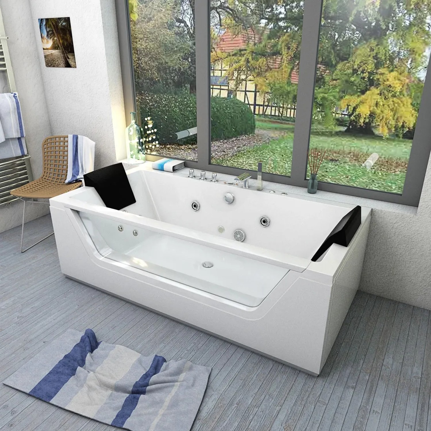 Weisse AcquaVapore Whirlpool Badewanne W83R-TH-B mit Armaturen und Massagedüsen im Badezimmer.