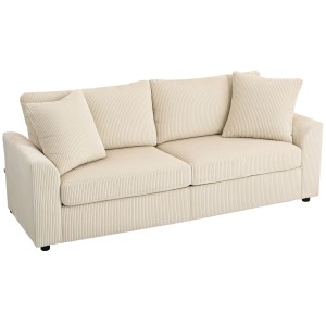 Cremeweißes 3-Sitzer Sofa (HOMCOM) mit Cordbezug und Zierkissen für Wohnzimmer und Schlafzimmer.