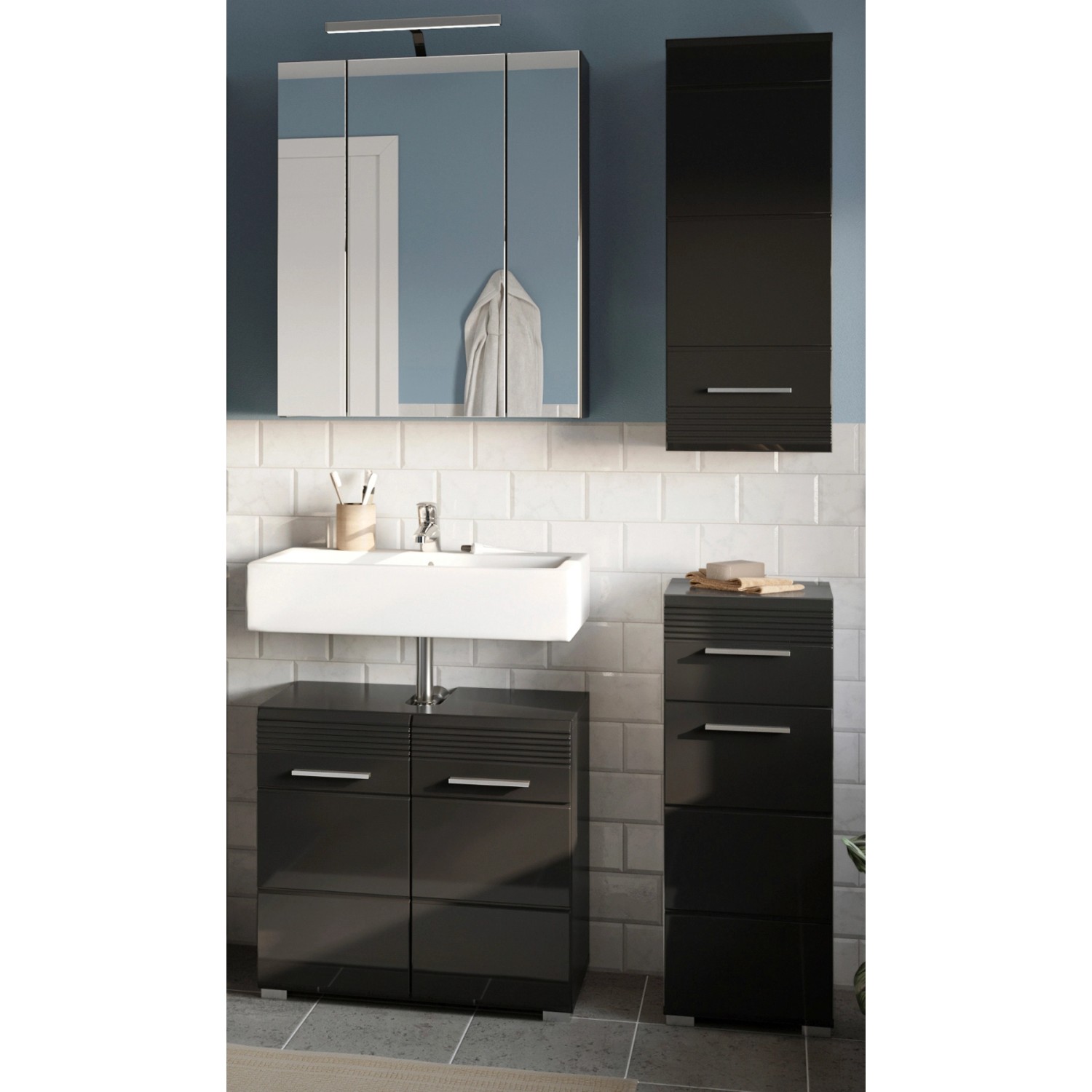 Inn.Furn Badmöbel-Set Schwarz Hochglanz 4-teilig 105 cm Viel Stauraum Leon günstig online kaufen