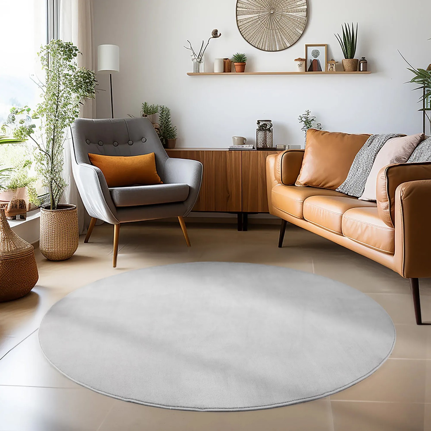 Runder, silberner Kurzflorteppich Ayyildiz Sky 5400 (Ø 200 cm) im Wohnzimmer.