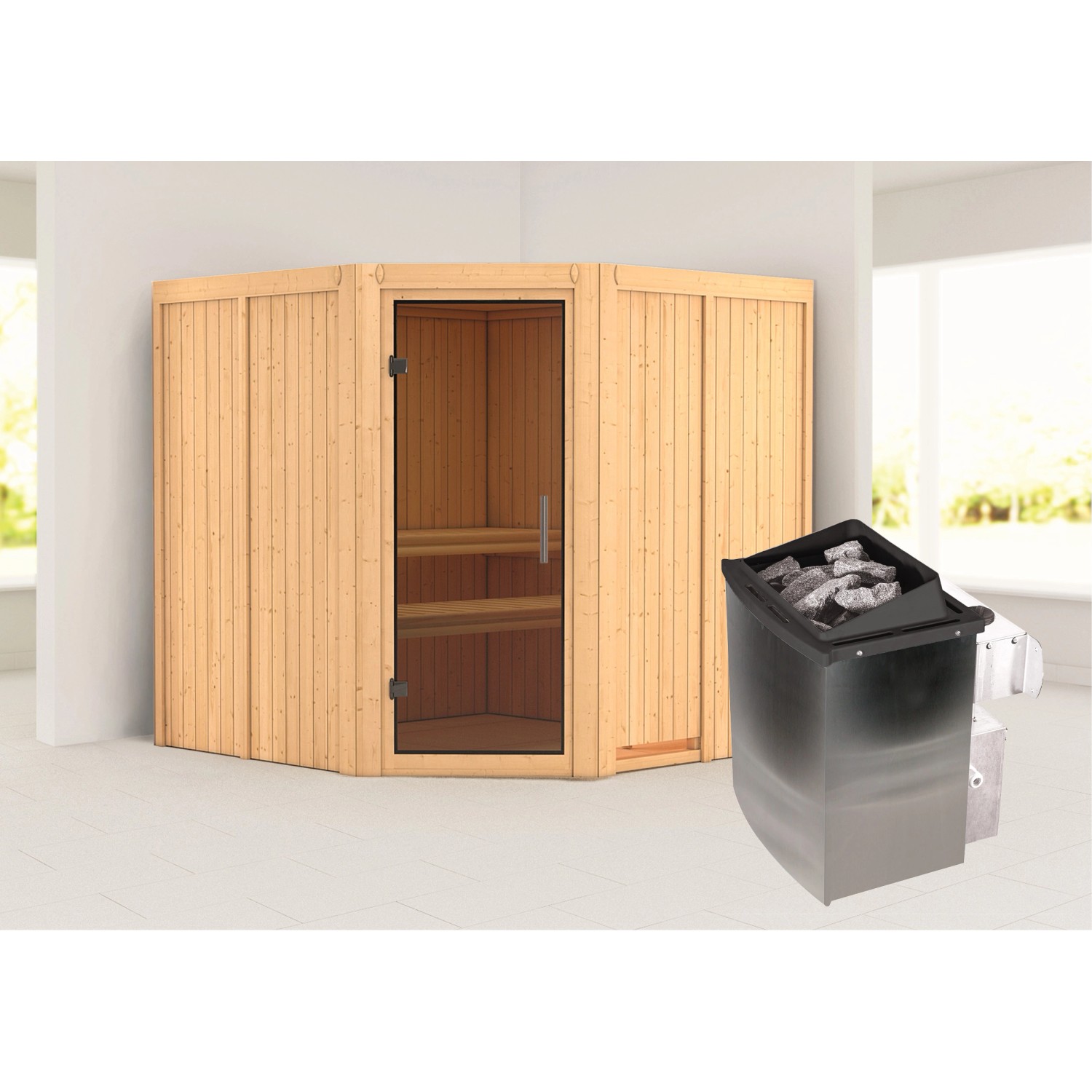 Karibu Sauna Jorma mit Ofen intergrierte Stg.Natur